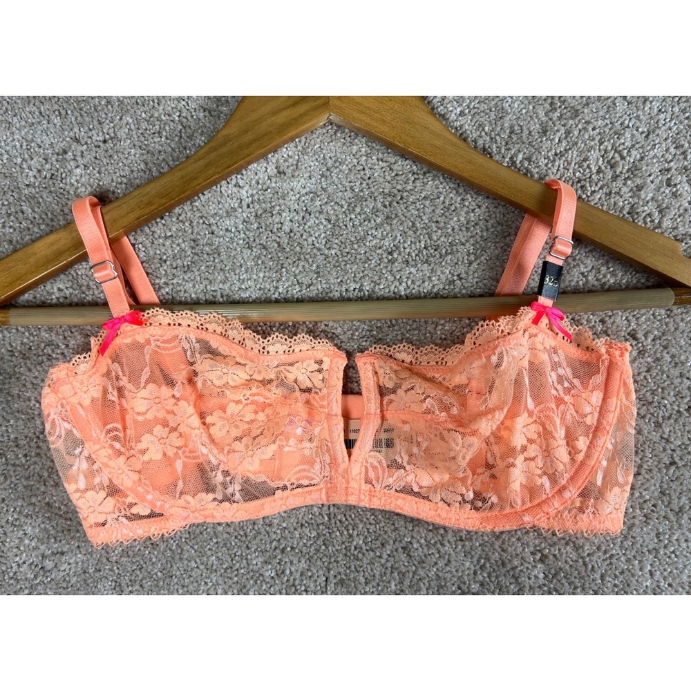 Victoria's Secret Peach Floral Lace Unlined Balconette Bra 32D New Y2K